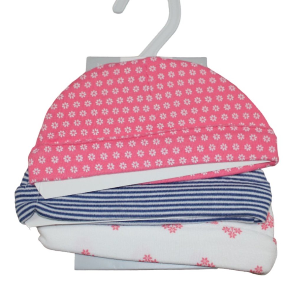 Carters Baby Girl Size 0-3 months Hat Cap 3pk Pink Navy Flower Set Beanie NWT